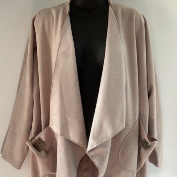 IC Connie K Open Front Cardigan XL Cape Faux Suede Beige Button Pocket Neutral - Picture 2 of 9